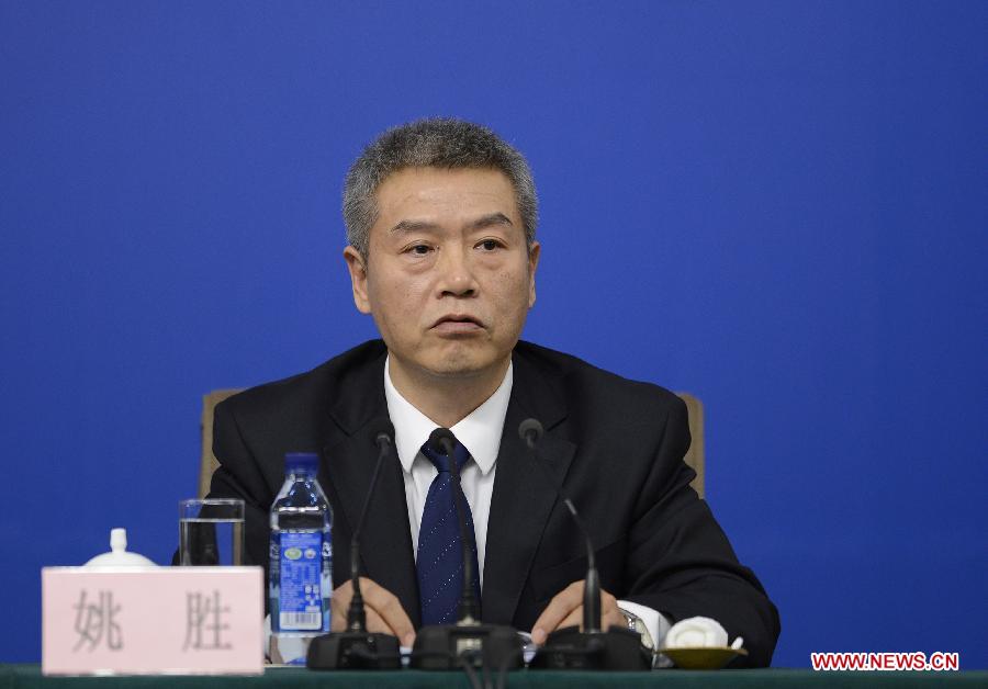 Yao Sheng, deputy director of the Budgetary Affairs Commission of the National People's Congress (NPC) Standing Committee, attends a news conference on NPC's work held by the first session of the 12th NPC at the Great Hall of the People in Beijing, China, March 9, 2013. (Xinhua/Wang Peng)