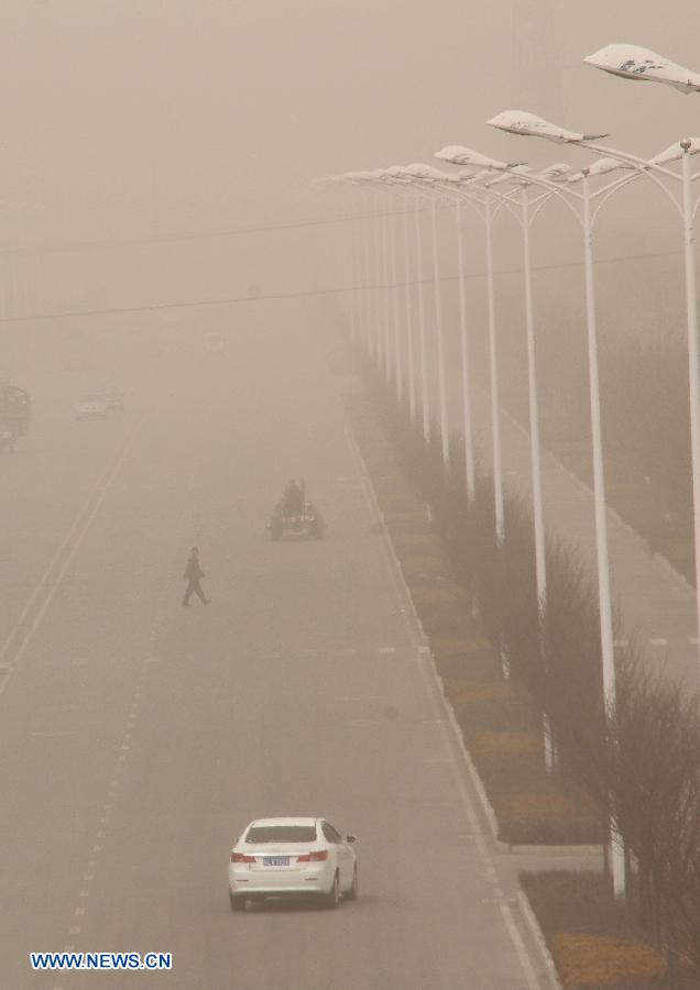 Sand and dust shroud a street in Pingliang City, northwest China's Gansu Province, March 9, 2013. A cold front brought strong wind as well as sand and dust to most part of north China region on March 9. (Xinhua/He Huaqiao)