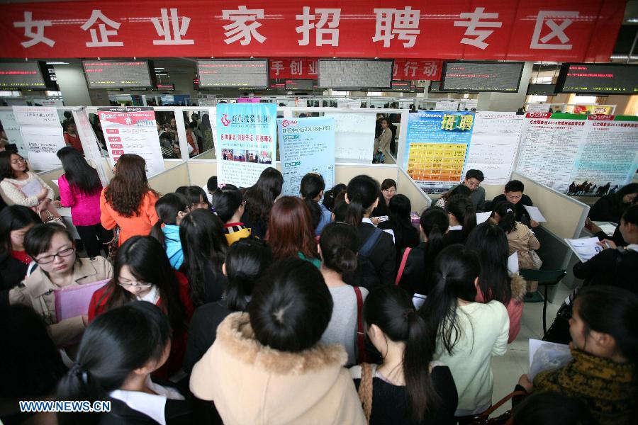College students look for empolyment chances at a job fair specially held for female graduates in Nanjing, capital of east China's Jiangsu Province, March 9, 2013. (Xinhua/Wang Xin)