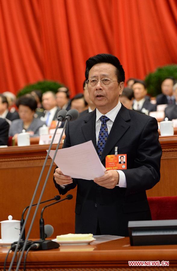 Chen Changzhi presides over the third plenary meeting of the first session of the 12th National People's Congress (NPC) at the Great Hall of the People in Beijing, capital of China, March 10, 2013. (Xinhua/Ma Zhancheng)