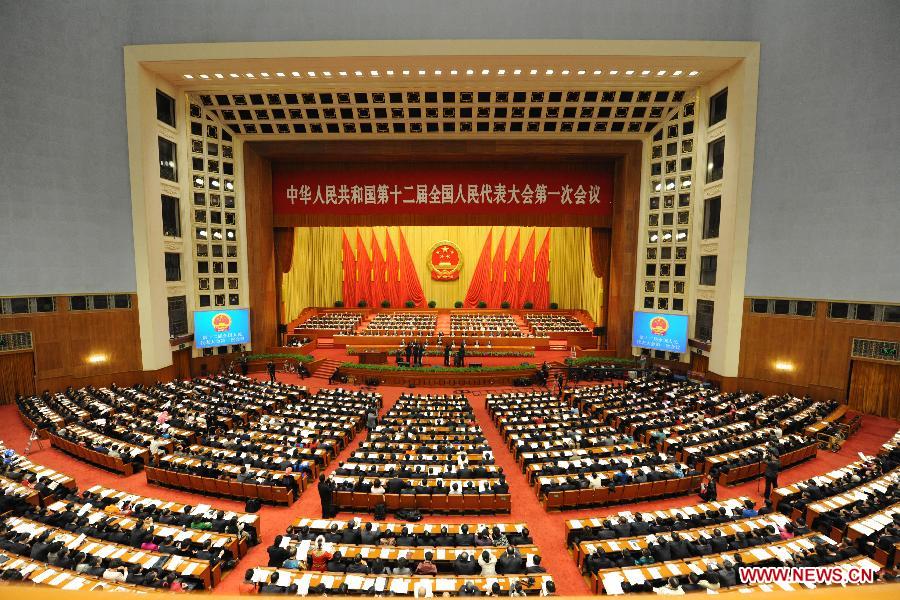 The third plenary meeting of the first session of the 12th National People's Congress (NPC) is held at the Great Hall of the People in Beijing, capital of China, March 10, 2013. (Xinhua/Yang Zongyou)