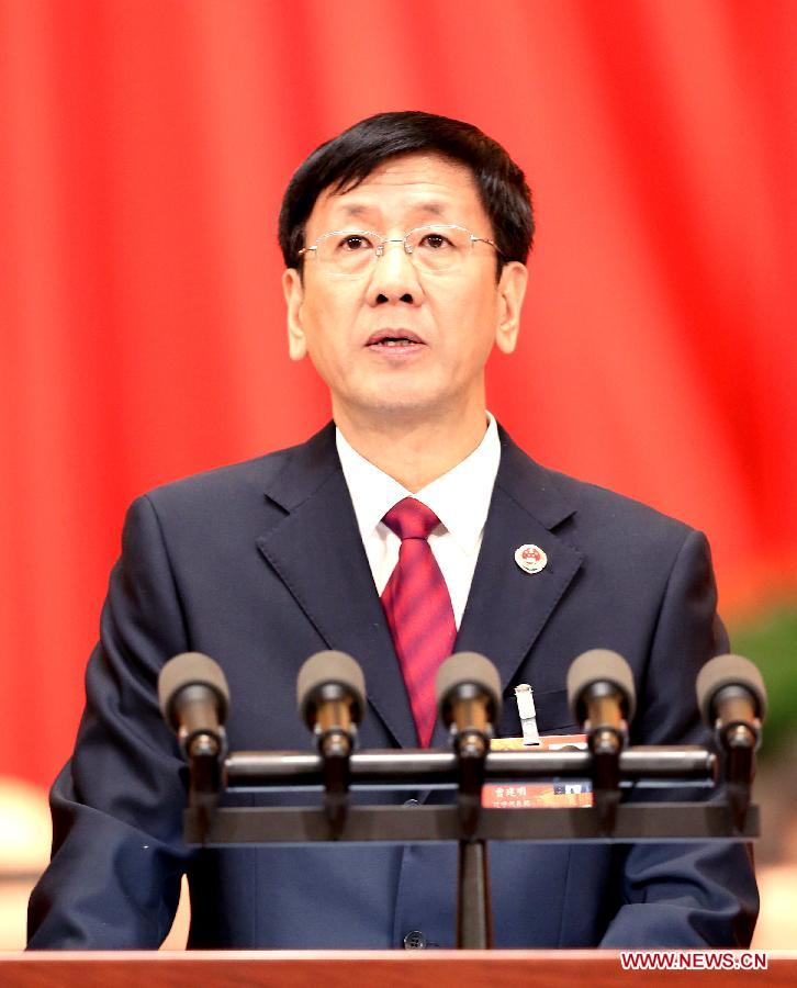Cao Jianming, China's procurator-general of the Supreme People's Procuratorate (SPP), delivers a report on the SPP's work during the third plenary meeting of the first session of the 12th National People's Congress (NPC) at the Great Hall of the People in Beijing, capital of China, March 10, 2013. (Xinhua/Ding Lin)