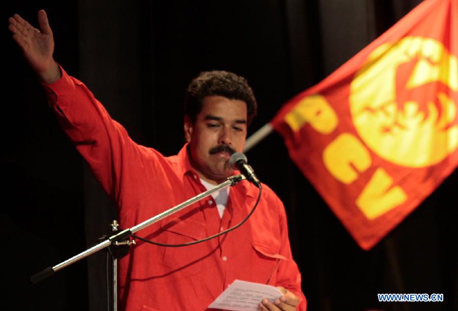 Image provided by the Presidency of Venezuela shows Venezula's Acting President Nicolas Maduro giving a speech during the XII National Conference of the Communist Party of Venezuela, in Caracas, capital of Venezuela, on March 10, 2013. Venezuela's National Electoral Council (CNE) announced on Saturday after a special meeting of its Board of Directors that the presidential elections will be held on April 14. (Xinhua/Presidency of Venezuela) 