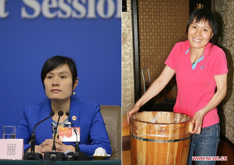 This combined photo shows Liu Li works at a foot massage clinic, in Xiamen, southeast China's Fujian Province (R, photo taken on Aug. 23, 2011) and she, as a deputy to the 12th National People's Congress, attends a press conference in Beijing, China, March 10, 2013. Six grassroots NPC deputies involving farmers and workers were invited to answer questions at the press conference held by the first session of the 12th NPC on March 10. (Xinhua)