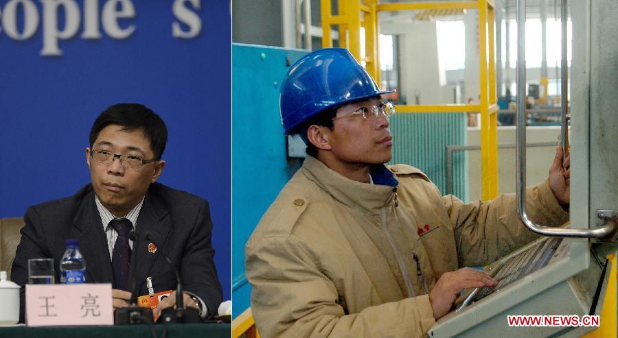 This combined photo shows Wang Liang, a staff member of a heavy industry group in Dalian, northeast China's Liaoning Province, adjusts equipment in a workshop (R, photo taken on Feb. 9, 2006) and he, as a deputy to the 12th National People's Congress, attends a press conference in Beijing, China, March 10, 2013. Six grassroots NPC deputies involving farmers and workers were invited to answer questions at the press conference held by the first session of the 12th NPC on March 10. (Xinhua)