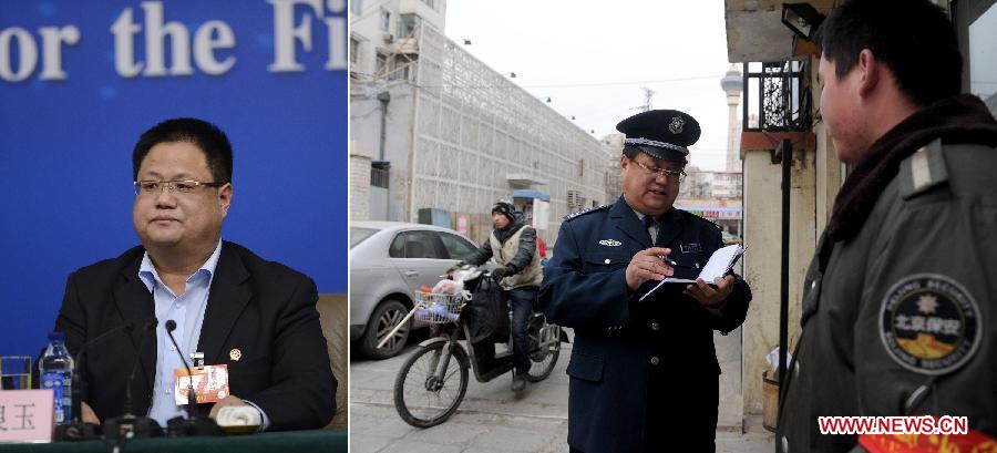 This combined photo shows Zhu Liangyu (C), a staff member of a security service company, conducts a research work in a residential community in Haidian District of Beijing, China (R, photo taken on March 2, 2013) and he, as a deputy to the 12th National People's Congress, attends a press conference in Beijing, China, March 10, 2013. Six grassroots NPC deputies involving farmers and workers were invited to answer questions at the press conference held by the first session of the 12th NPC on March 10. (Xinhua)
