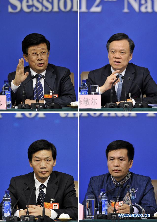 This combined photo shows Zhao Kezhi (L top), secretary of the Guizhou Provincial Committee of the Communist Party of China (CPC), Chen Min'er (R top), governor of Guizhou Province, Li Zaiyong (L bottom), mayor of Guizhou's capital city Guiyang and Zhang Jiachun (R bottom), head of Guizhou's Sandu County, who are all deputies to the 12th National People's Congress (NPC), at a news conference on how to build undeveloped regions a well-off society held by the first session of the 12th NPC in Beijing, China, March 12, 2013. (Xinhua/Wang Peng)