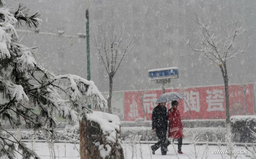 Citizens walk in snow in Pingquan County in north China's Hebei Province, March 12, 2013. Affected by a cold front, the northern part of Hebei received snowfall on Tuesday. (Xinhua/Wang Xiao)