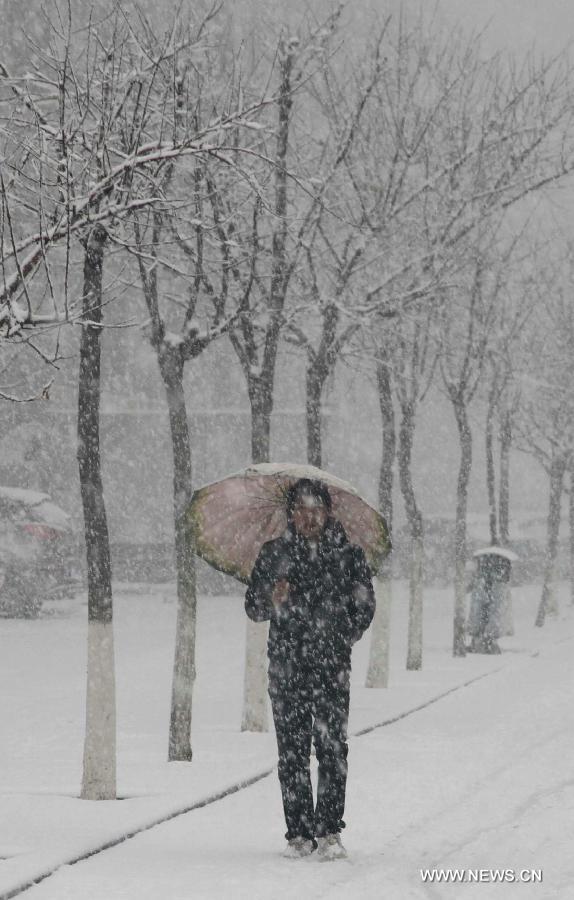 A citizen walks in snow in Pingquan County in north China's Hebei Province, March 12, 2013. Affected by a cold front, the northern part of Hebei received snowfall on Tuesday. (Xinhua/Wang Xiao)