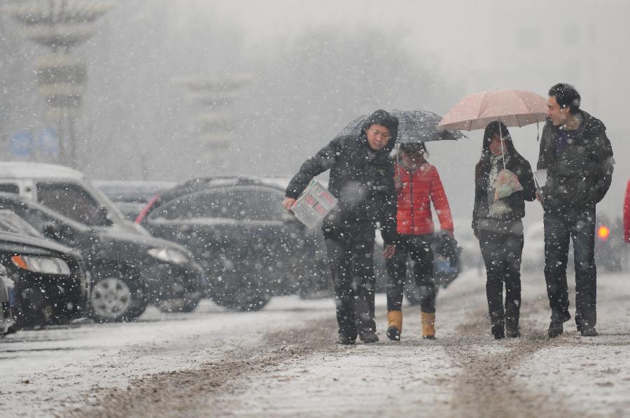 Citizens walk in snow in Shenyang, capital of northeast China's Liaoning Province, March 12, 2013. A cold front brought heavy snowfall to the city on Tuesday. (Xinhua/Pan Yulong) 