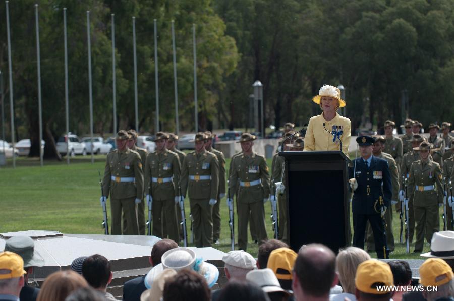Australia's Governor General Quentin Bryce delivers a speech in front of the Foundation Stone at the Centenary of Canberra Foundation Stone Ceremony in Canberra, Australia, March 12, 2013. Canberra marked its 100th birthday on Tuesday. (Xinhua/Justin Qian)  
