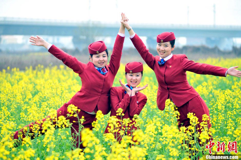 Stewardesses of high speed train pose for photos in flowers on March 9, 2013. (Photo/CNS)