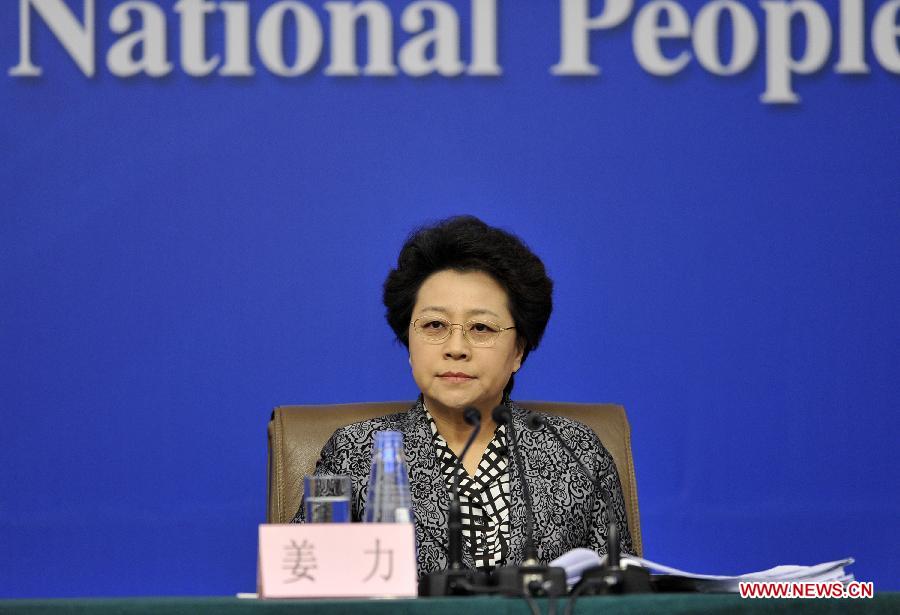 Vice Minister of Civil Affairs Jiang Li attends a news conference on people's livelihood and social service held by the first session of the 12th National People's Congress (NPC) in Beijing, capital of China, March 13, 2013. (Xinhua/Wang Peng)