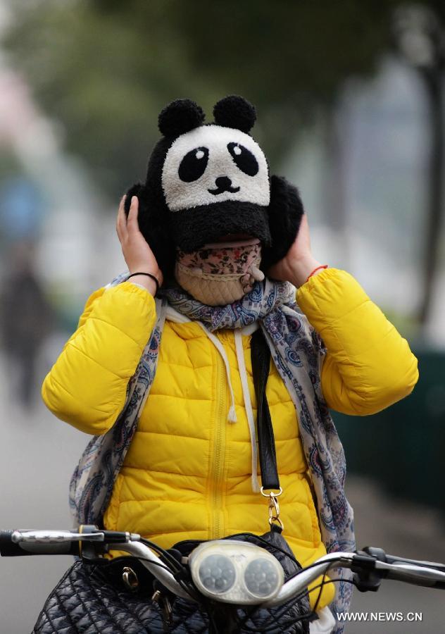 A citizen goes out in the cold weather in Yangzhou City, east China's Jiangsu Province, March 12, 2013. Affected by a blast of cold air, the temperature in Yangzhou City declined Tuesday. (Xinhua/Meng Delong)  