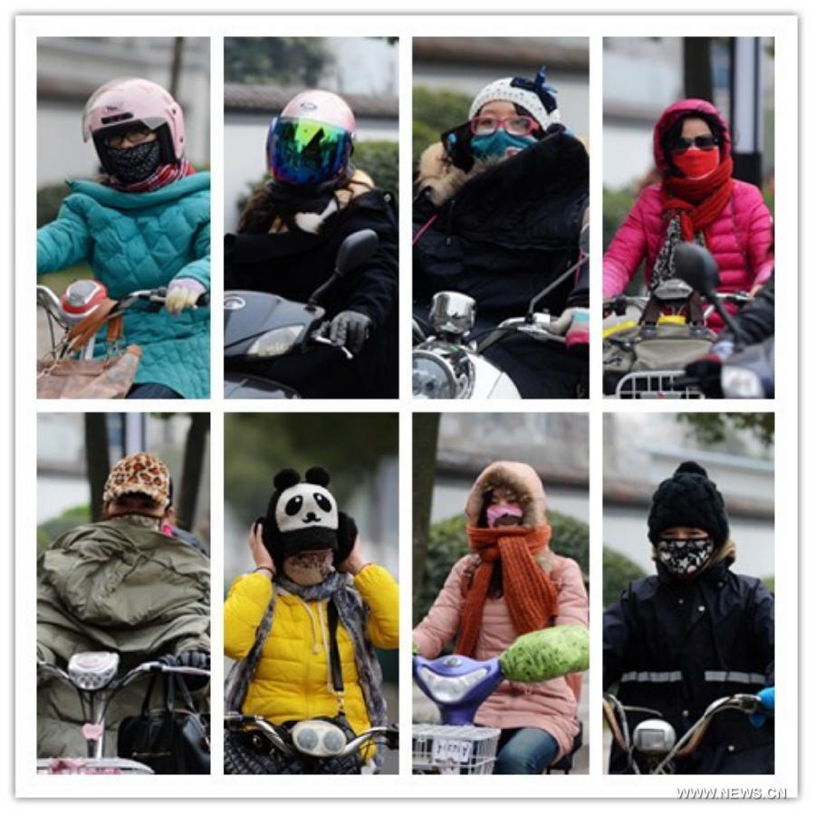The combined photo taken on March 12, 2013 shows the citizens going out in the cold weather in Yangzhou City, east China's Jiangsu Province. Affected by a blast of cold air, the temperature in Yangzhou City declined Tuesday. (Xinhua/Meng Delong) 