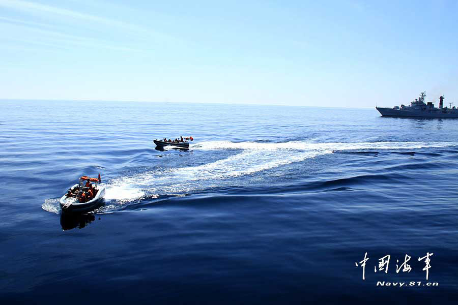 The 14th escort taskforce of the Navy of the Chinese People's Liberation Army (PLA) participates in an anti-hijack exercise on the March 10, 2013, local time, while sailing in the Arabian Sea area on the voyage to the Gulf of Aden. (navy.81.cn/Wang Changsong, Li Ding)