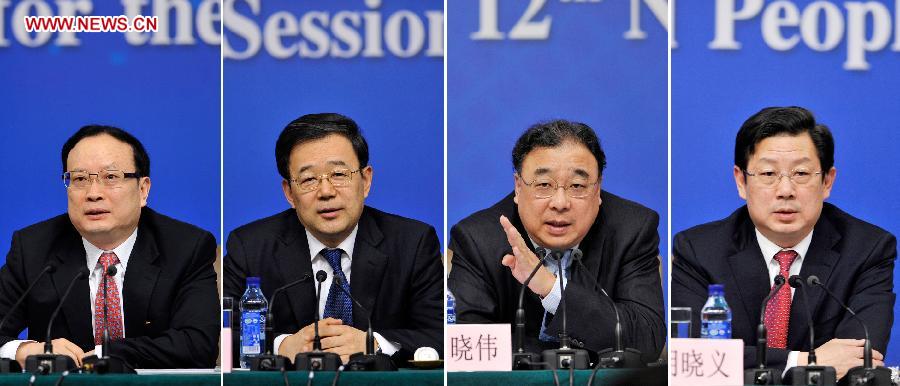 This combined photo shows officials in charge of the health reform office of the State Council Wang Baoan, Sun Zhigang, Ma Xiaowei and Hu Xiaoyi (From L to R) at a press conference on medical and healthcare system reform held by the first session of the 12th National People's Congress (NPC) in Beijing, capital of China, March 14, 2013. (Xinhua/Wang Peng)