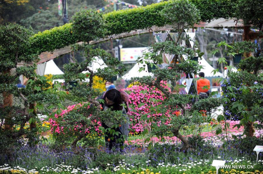 A woman takes pictures by a parterre at a flower show in south China's Hong Kong, March 14, 2013. The 10-day Hong Kong Flower Show 2013, which will kick off on March 15, 2013 at Victoria Park, opened to media for a preview on Thursday. More than 200 organizations contributed some 350,000 flowers to the show. (Xinhua/Zhao Yusi) 