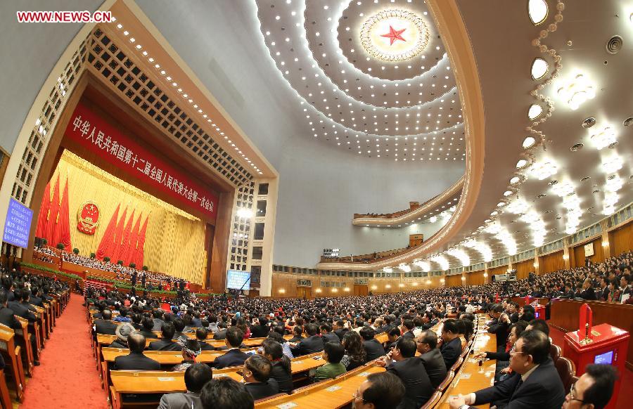 The fifth plenary meeting of the first session of the 12th National People's Congress (NPC) is held at the Great Hall of the People in Beijing, capital of China, March 15, 2013. The meeting will vote to decide on the premier, as well as vice chairpersons and members of the Central Military Commission of the People's Republic of China. President of the Supreme People's Court and procurator-general of the Supreme People's Procuratorate will also be elected. (Xinhua/Chen Jianli)