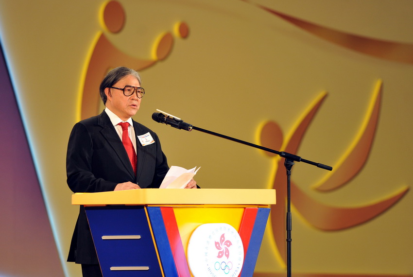 Timothy Fok, President of Sports Federation and Olympic Committee of Hong Kong, delivers a speech at the awards presentation ceremony at the Hong Kong Convention and Exhibition Centre on March 14, 2013. (Xinhua/Lu Binghui)