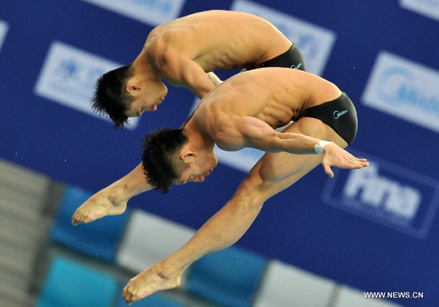 Lin Yue and Chen Aisen of China compete during the Men's 10m Platform Synchro Final in the FINA Diving World Series 2011-Beijing at National Aquatics Center in Beijing, China, March 15, 2013. Lin and Chen won the gold medal with 493.47 points. (Xinhua/Gong Lei)