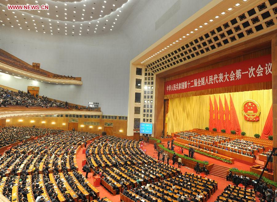 The sixth plenary meeting of the first session of the 12th National People's Congress (NPC) is held at the Great Hall of the People in Beijing, capital of China, March 16, 2013. (Xinhua/Yang Zongyou)  