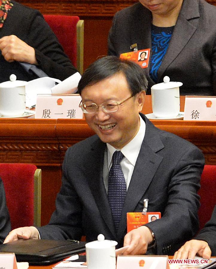 Yang Jiechi attends the sixth plenary meeting of the first session of the 12th National People's Congress (NPC) at the Great Hall of the People in Beijing, capital of China, March 16, 2013. Yang Jing, Chang Wanquan, Yang Jiechi, Guo Shengkun and Wang Yong were endorsed as state councilors of China at the meeting here on Saturday. (Xinhua/Wang Song)