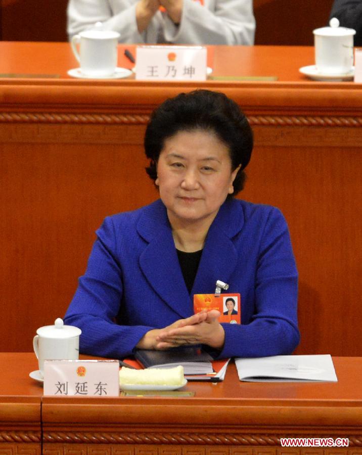 Liu Yandong attends the sixth plenary meeting of the first session of the 12th National People's Congress (NPC) in Beijing, capital of China, March 16, 2013. Zhang Gaoli, Liu Yandong, Wang Yang and Ma Kai were endorsed as vice premiers of China's State Council at the meeting here on Saturday. (Xinhua/Wang Song) 