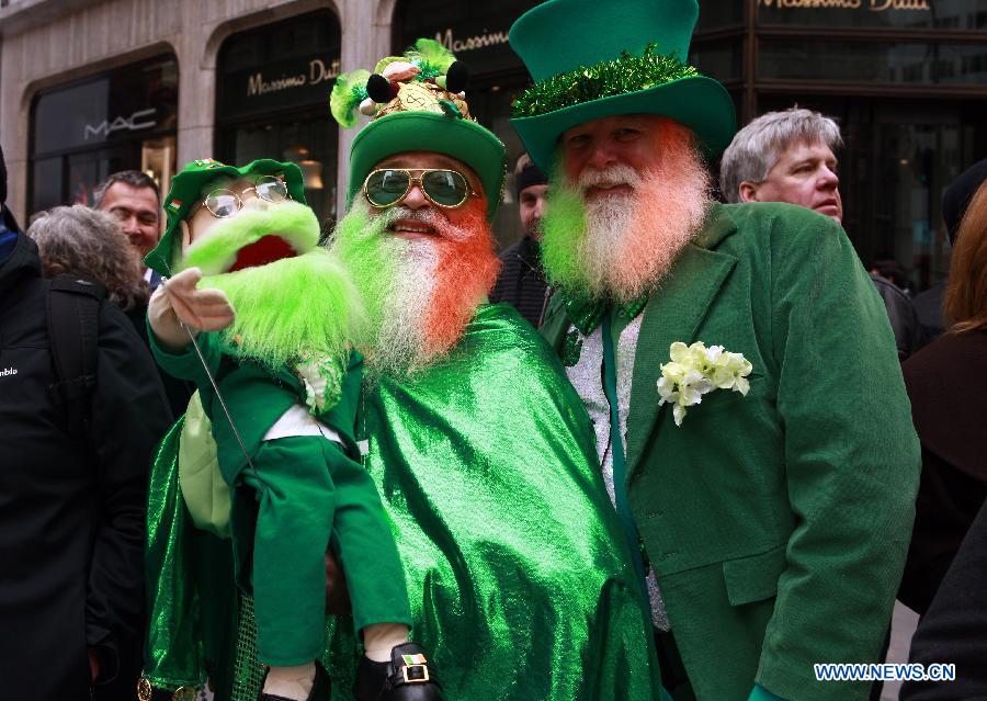 Revellers take part in the 252nd annual St. Patrick's Day Parade in New York City on March 16, 2013. (Xinhua/Zhai Xi) 