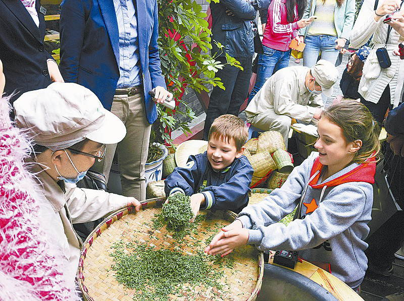 Foreign children experience tea-making process on the fourth China Tea Festival held Sunday in Pujiang County, Sichuan province. (Photo source: Scol.com.cn)