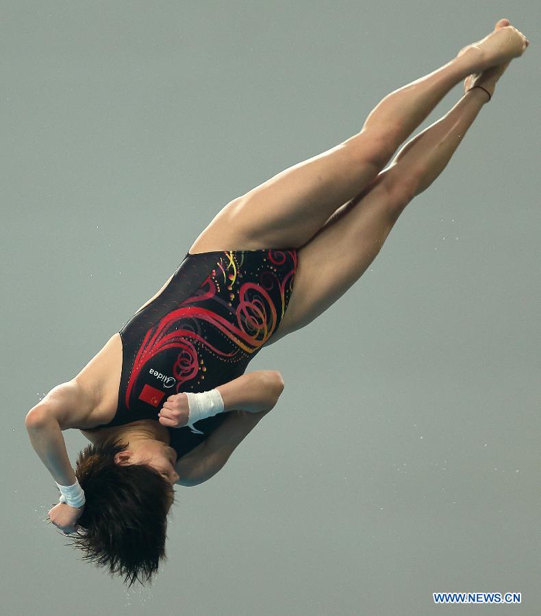 Chen Ruolin of China competes during the Women's 10m platform final at the FINA Diving World Series 2013 held at the Aquatics Center in Beijing, capital of China, on March 17, 2013. Chen Ruolin claimed the title with 403.75 points. (Xinhua/Fei Maohua)