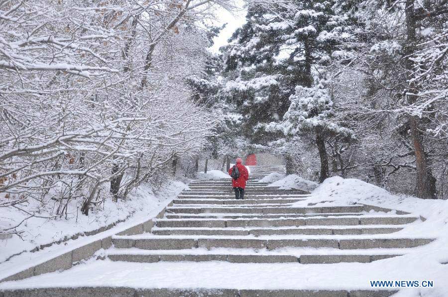 A local resident walks in snow in the North Mountain Park in Jilin City, northeast China's Jilin Province, March 18, 2013. A snowfall hit the city from Sunday night. (Xinhua/Wang Mingming)