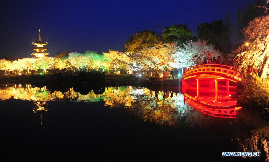 Photo taken on March 18, 2013 shows the night view of the Moshan Hill Scenic Spot with illuminated cherry trees, in Wuhan, capital of central China's Hubei Province. (Xinhua/Hao Tongqian)