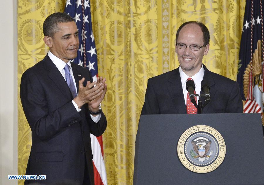 U.S. President Barack Obama (L) nominates Thomas Perez, the federal assistant attorney general for civil rights, as the new Labor Secretary during a ceremony in the East Room of the White House in Washington D.C., capital of the United States, March 18, 2013. If confirmed by the Senate, he would be the first Hispanic chosen for Obama's second-term cabinet, succeeding Hilda Solis, who stepped down in January. (Xinhua/Zhang Jun)