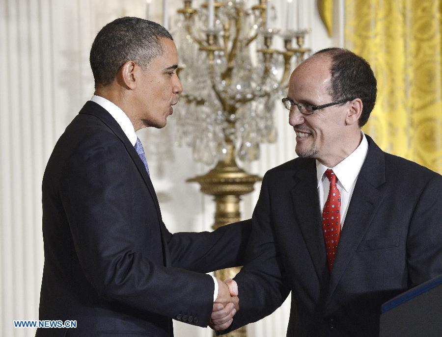 U.S. President Barack Obama (L) nominates Thomas Perez, the federal assistant attorney general for civil rights, as the new Labor Secretary during a ceremony in the East Room of the White House in Washington D.C., capital of the United States, March 18, 2013. If confirmed by the Senate, he would be the first Hispanic chosen for Obama's second-term cabinet, succeeding Hilda Solis, who stepped down in January. (Xinhua/Zhang Jun)
