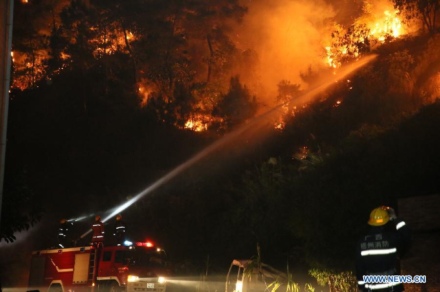 Firefighters fight against a forest fire in Wuzhou City, southwest China's Guangxi Zhuang Autonomous Region, on March 21, 2013. The fire broke out at around 17:00 Thursday. (Xinhua/Ye Guiru)