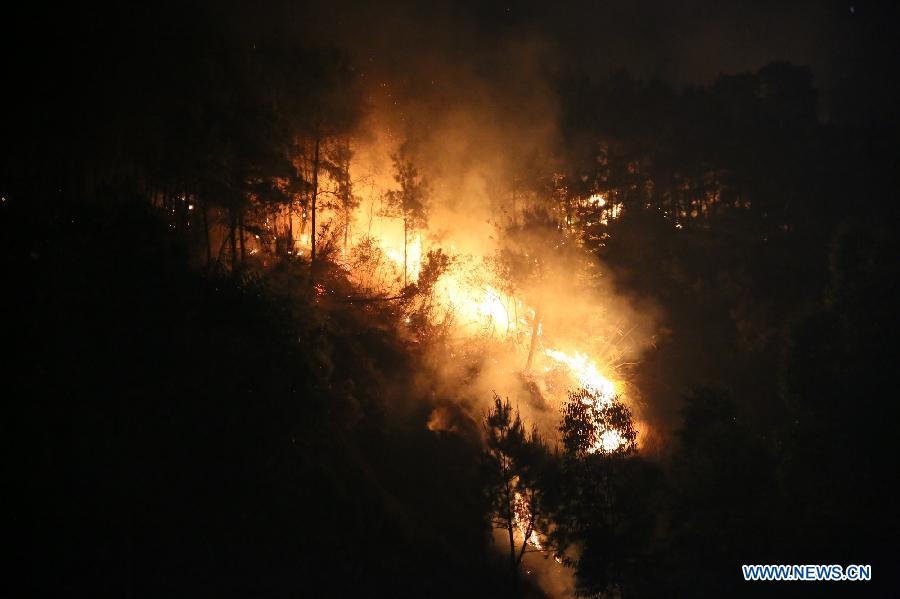 A forest fire is seen in Wuzhou City, southwest China's Guangxi Zhuang Autonomous Region, on March 21, 2013. The fire broke out at around 17:00 Thursday. (Xinhua/Ye Guiru)