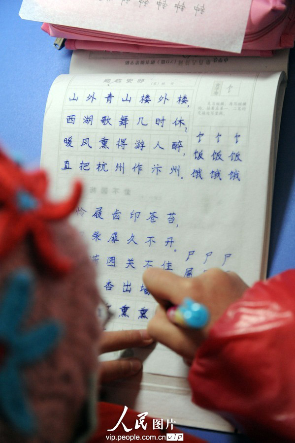 Yueyue, 11, who has Leukemia, still insists on learning from home, Mar. 4, 2013. (photo/vip.people.com.cn)