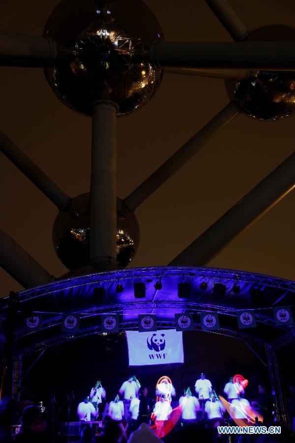 Photo taken on March 23, 2013 shows landmark Atomium in Brussels, capital of Belgium, turns off its lights to mark the annual "Earth Hour" event. (Xinhua/Wang Xiaojun) 