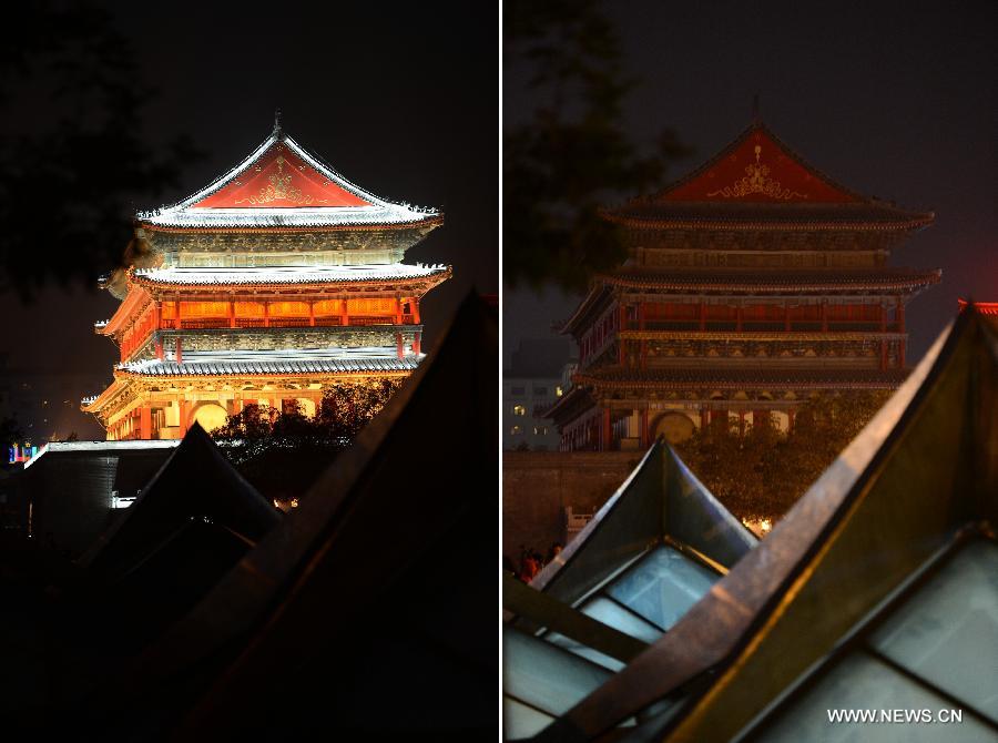 The combo photo shows the drum tower in Xi'an, capital of northwest China's Shaanxi Province, before (up) and after turning off its lights to mark the annual "Earth Hour" event, March 23, 2013. (Xinhua/Li Yibo)