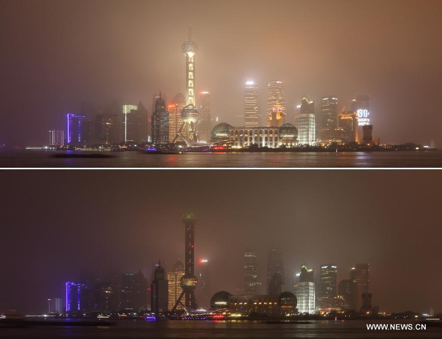 The combo photo shows skyscrapers in the Lujiazui area of Shanghai, east China, before (up) and after turning off their lights to mark the annual "Earth Hour" event, March 23, 2013. (Xinhua/Wei Song)