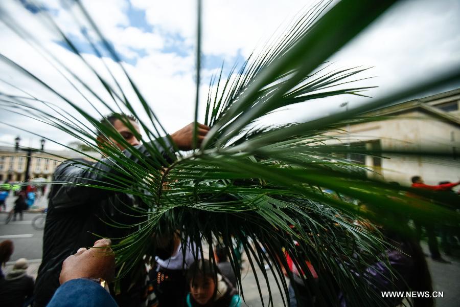 A man sells palms during the Palm Sunday commemoration in Bogota, capital of Colombia, on March 24, 2013. Catholics around the world celebrate Palm Sunday marking the beginning of the Holy Week. (Xinhua/Jhon Paz) 