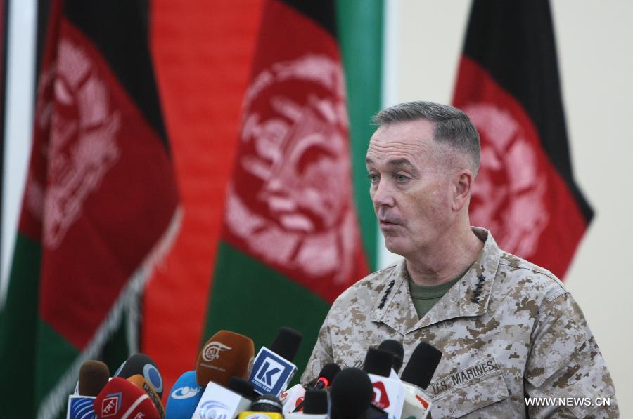 Gen. Joseph Dunford, top U.S. and NATO commander in Afghanistan, speaks during an official ceremony to hand over Bagram prison to the Afghan government in Parwan province, north of Kabul, capital of Afghanistan, on March 25, 2013. The Afghan Defense Ministry took the full control of a key U.S.-run detention center often called the Bagram prison on Monday, a fresh development of the security transition plan that lasts till 2014 when Afghanistan is due to take over the full security duties from U.S. and NATO forces. (Xinhua/Ahmad Massoud)