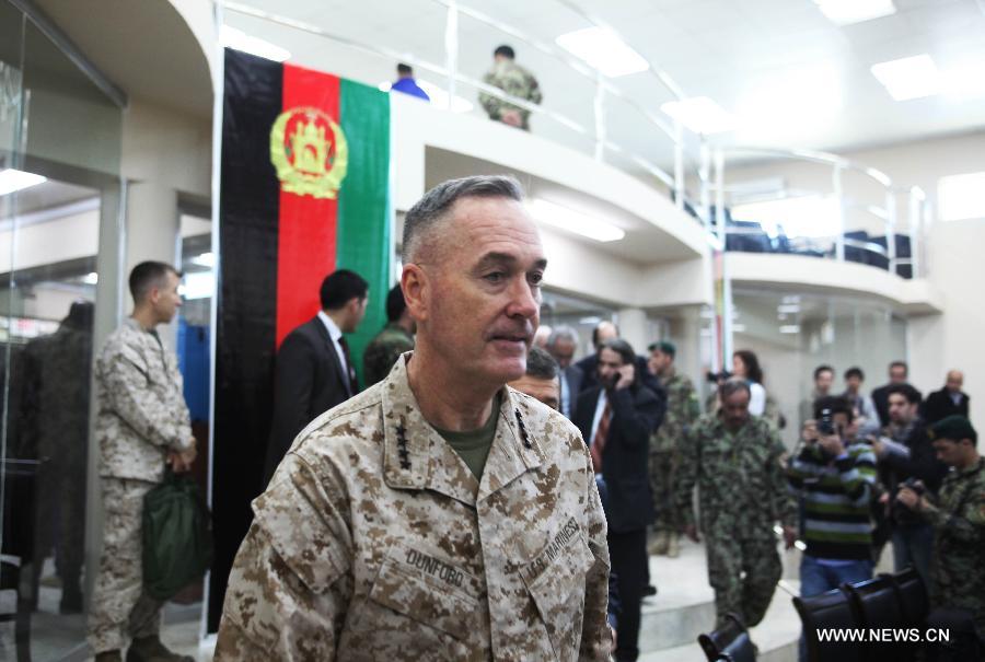 Gen. Joseph Dunford, top U.S. and NATO commander in Afghanistan, arrives to attend an official ceremony to hand over Bagram prison to the Afghan government in Parwan province, north of Kabul, capital of Afghanistan, on March 25, 2013. The Afghan Defense Ministry took the full control of a key U.S.-run detention center often called the Bagram prison on Monday, a fresh development of the security transition plan that lasts till 2014 when Afghanistan is due to take over the full security duties from U.S. and NATO forces. (Xinhua/Ahmad Massoud)