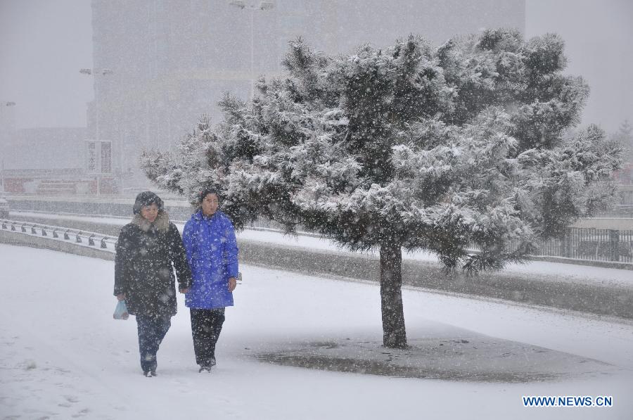 Citizens walk in snow in Jilin City, northeast China's Jilin Province, March 27, 2013. (Xinhua/Wang Mingming) 