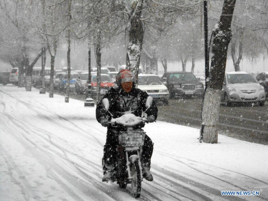 A citizen rides in snow in Jilin City, northeast China's Jilin Province, March 27, 2013. (Xinhua)
