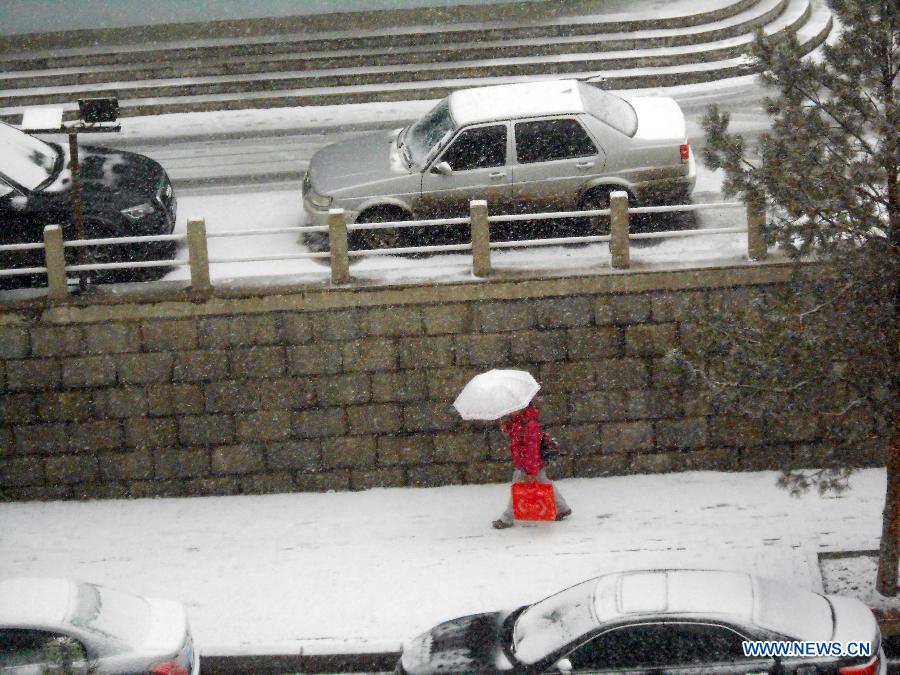 A citizen walks in snow in Jilin City, northeast China's Jilin Province, March 27, 2013. (Xinhua) 