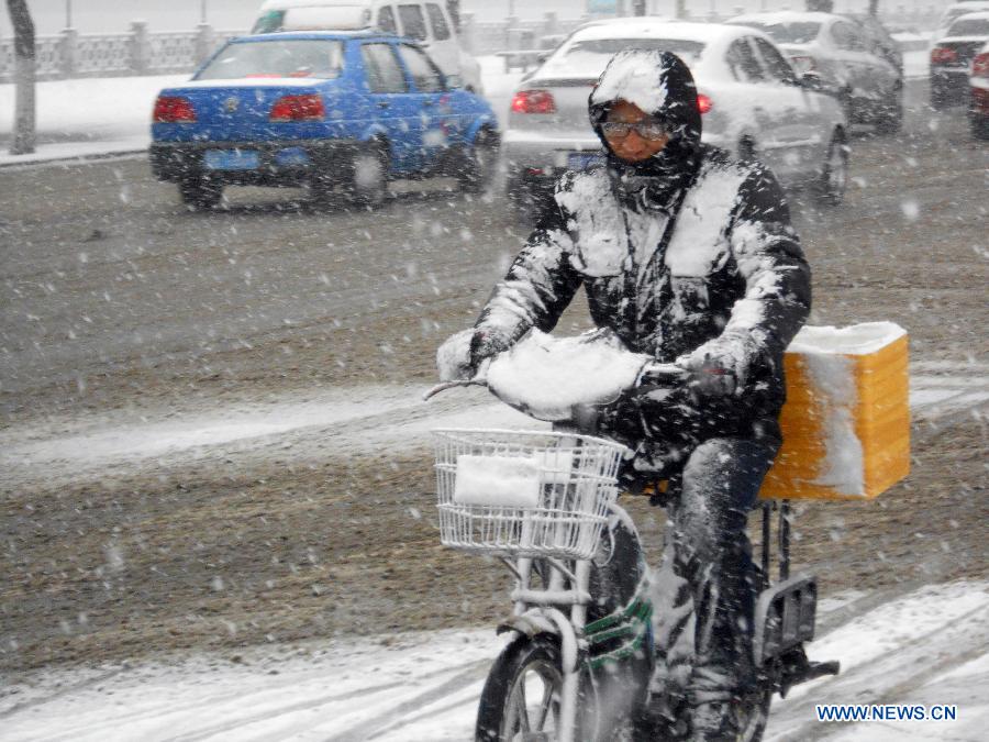 A citizen rides in snow in Jilin City, northeast China's Jilin Province, March 27, 2013. (Xinhua) 