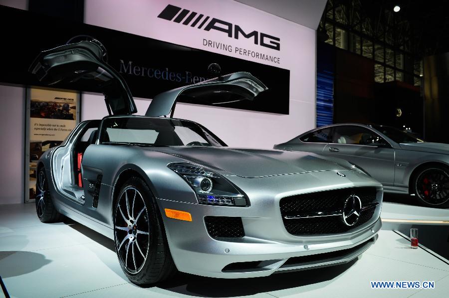 A Mercedes-Benz SLS AMG GT sports car is on display during press preview of the 2013 New York International Auto Show in New York, on March 27, 2013. The show features about 1,000 vehicles and will open to the public from March 29 to April 7. (Xinhua/Niu Xiaolei)  