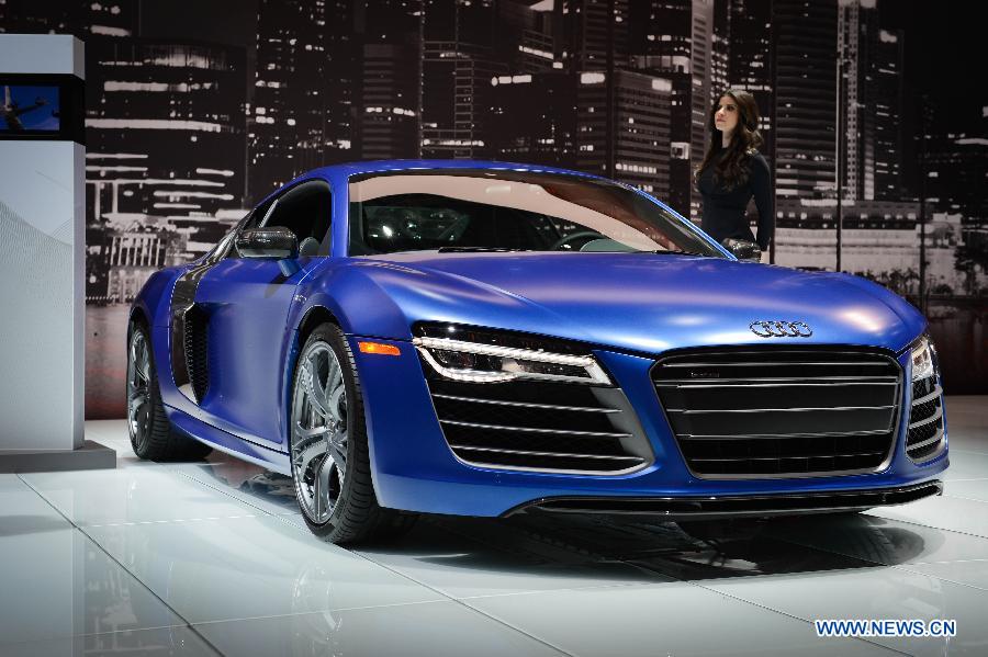 An Audi R8 sports car is on display during press preview of the 2013 New York International Auto Show in New York, on March 27, 2013. The show features about 1,000 vehicles and will open to the public from March 29 to April 7. (Xinhua/Niu Xiaolei) 